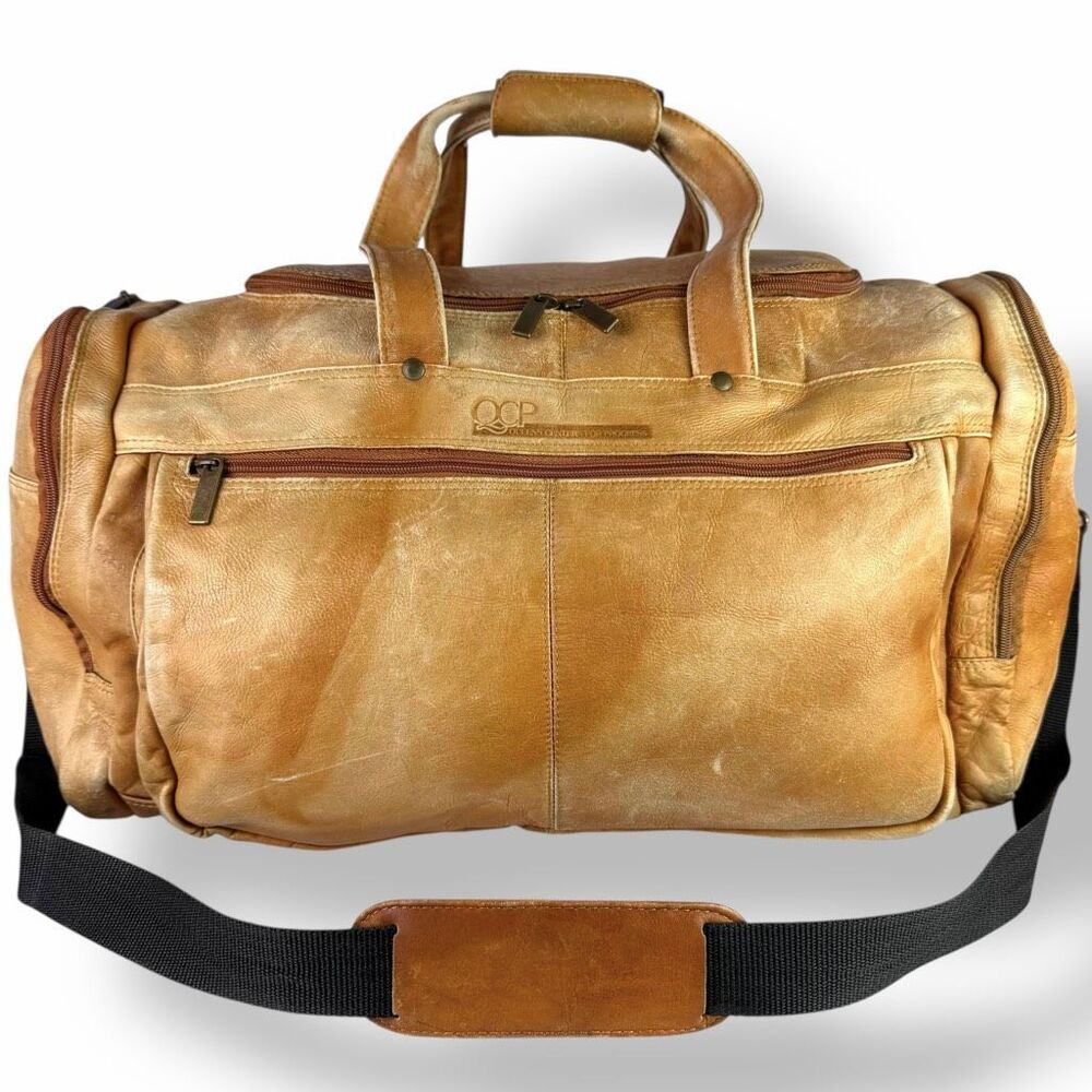 Vintage Duffel Travel Overnight Bag Weekender Brown Tan Leather Rugged Rustic